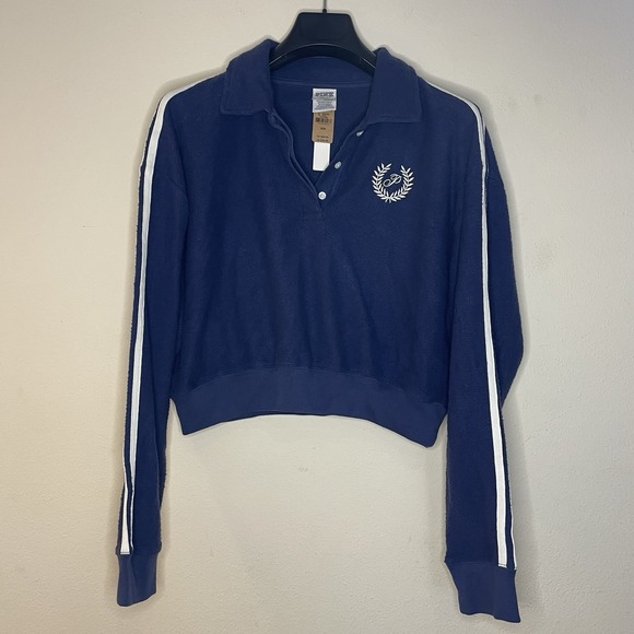 PINK Victoria's Secret cropped Reverse Fleece Polo Sweatshirt Crop Top M NEW NWT - Picture 2 of 10